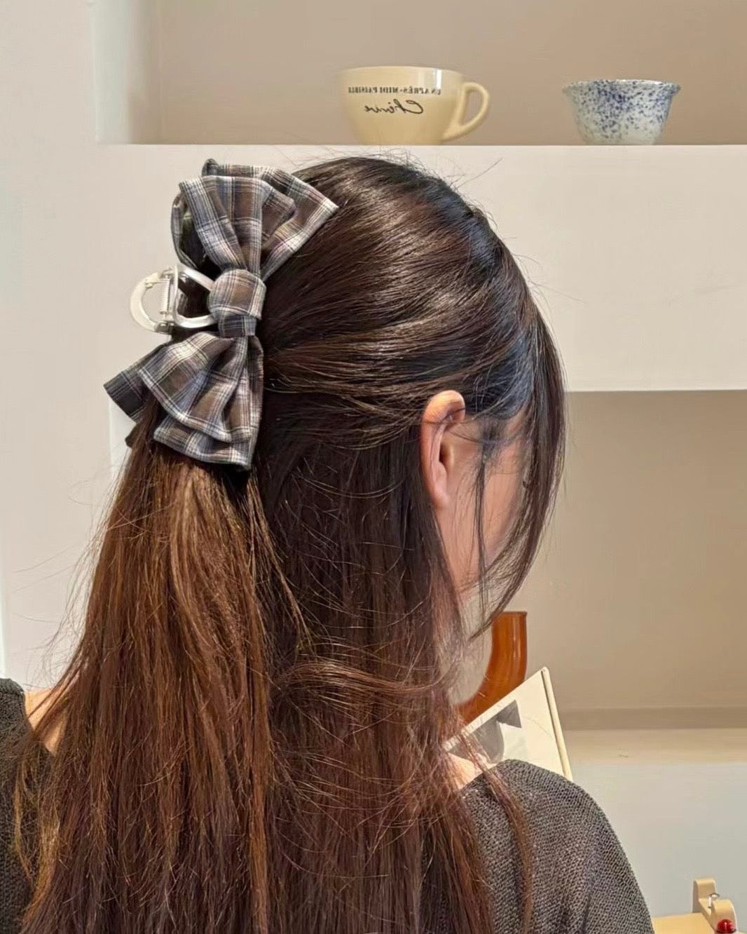 KA435 Check Fabric Bow Claw Clip - Brown | Navy