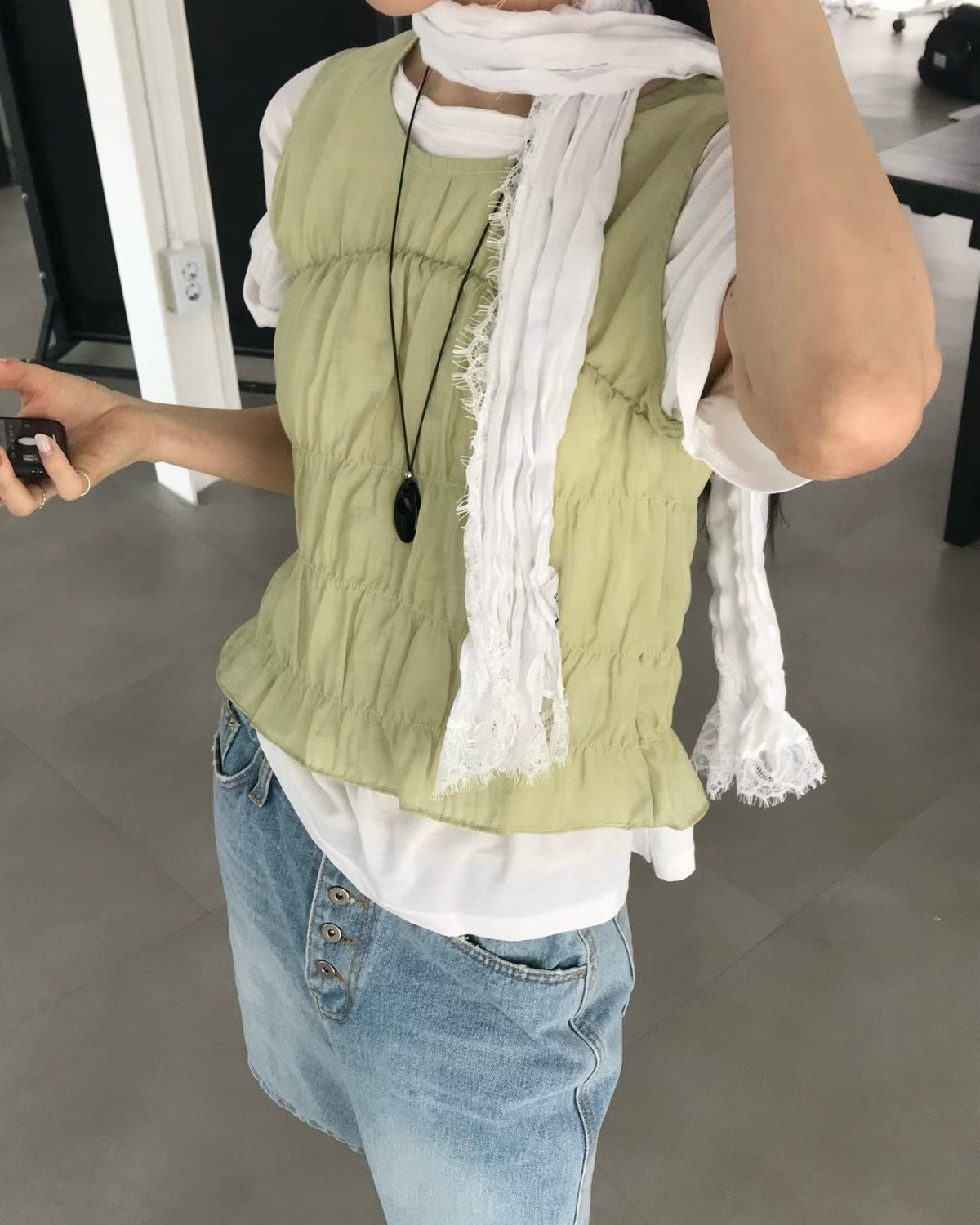 VT322 Salt Shirring Vest - Green | Brown