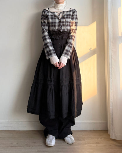 TP563 格仔一字肩短上衣 - Brown | Black