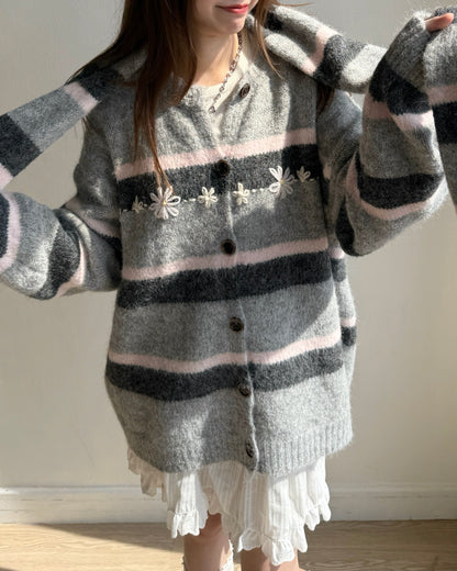 CD054 Floral Muffler Knit - Gray | Brown