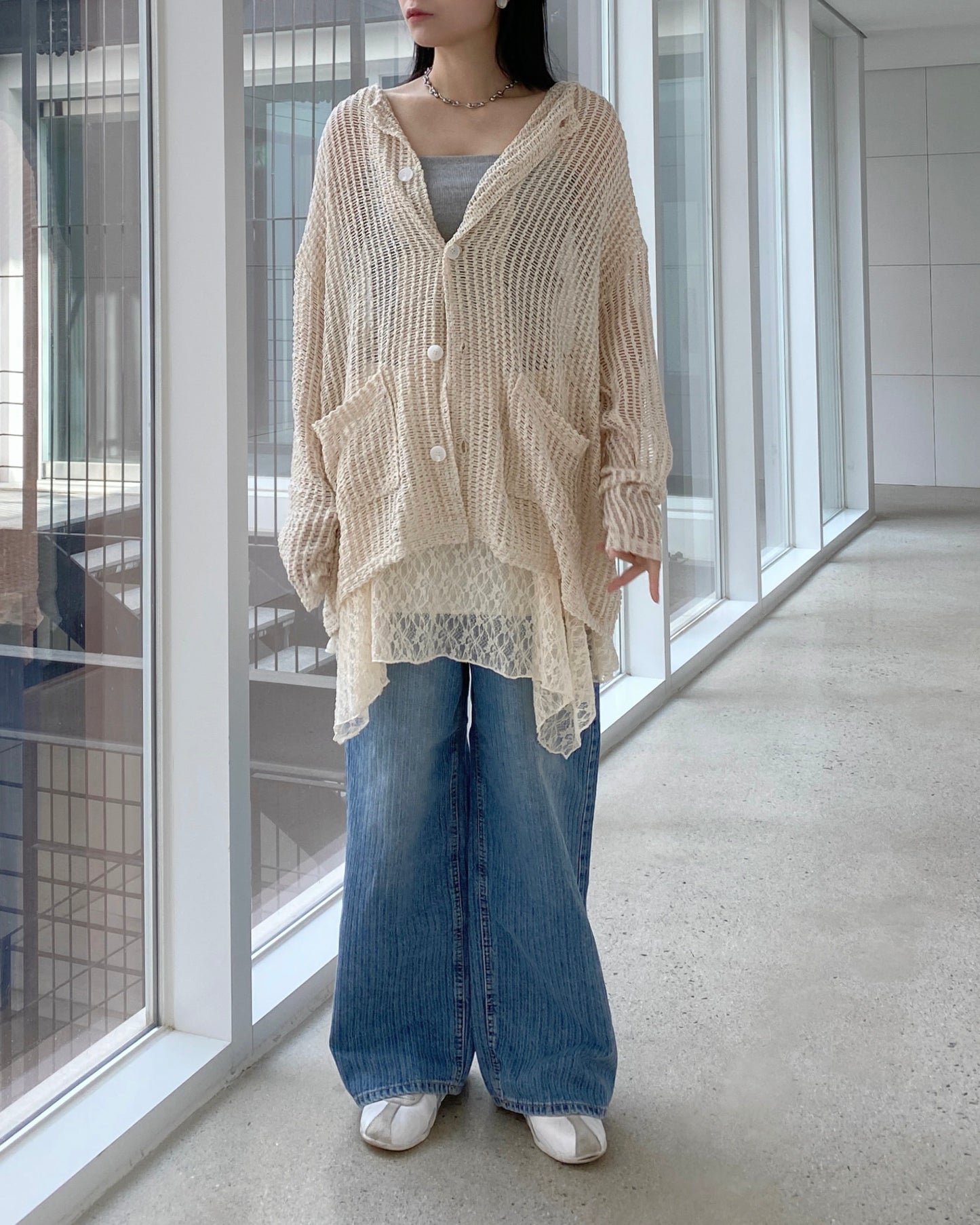 CD052 Meshed Cardigan - Ivory | Black
