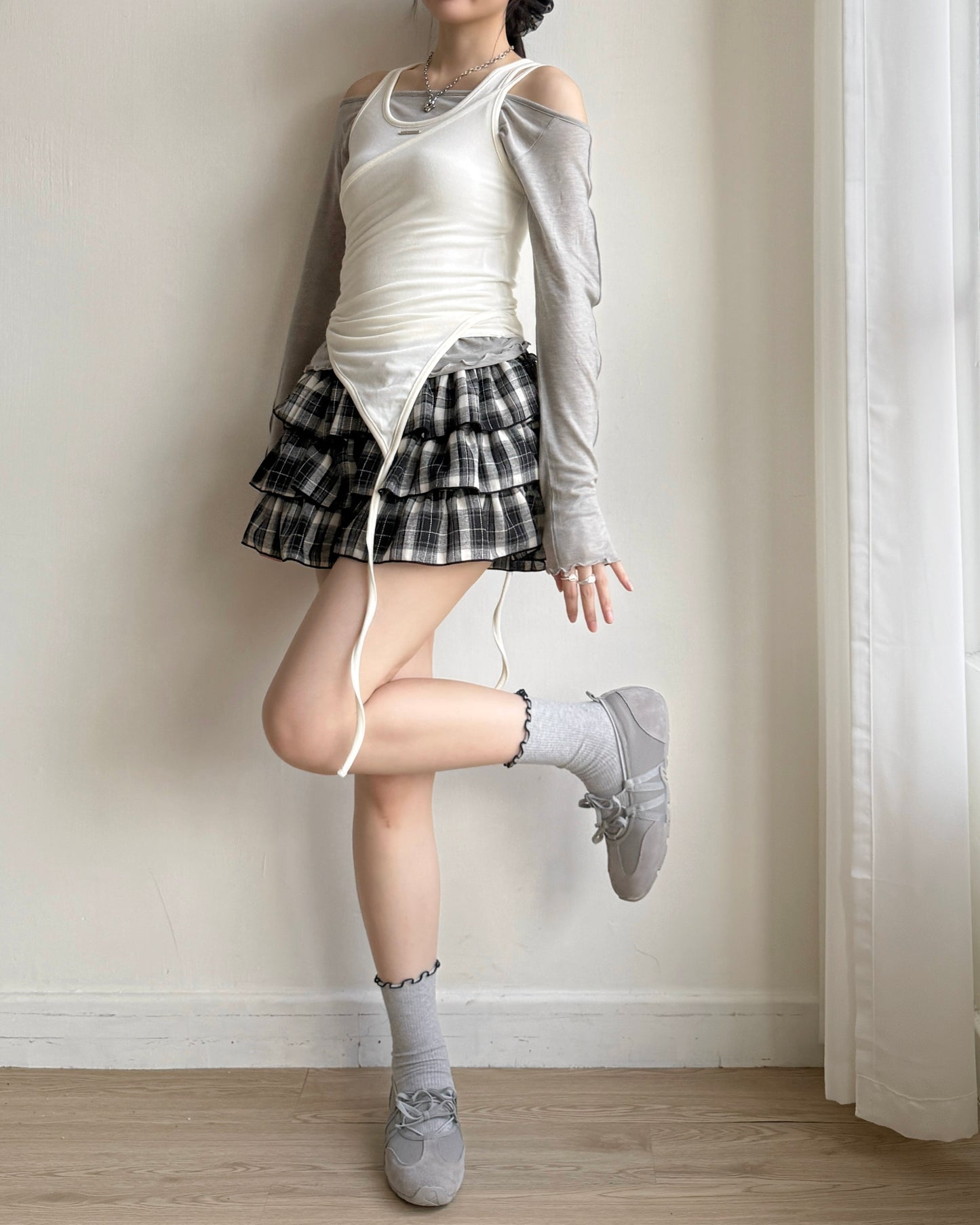 SK201 Checkered Skirt Pants - Khaki | Black