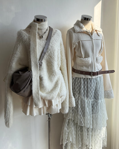 TP566 Fur V-Neck Knit - Pink | White | Brown