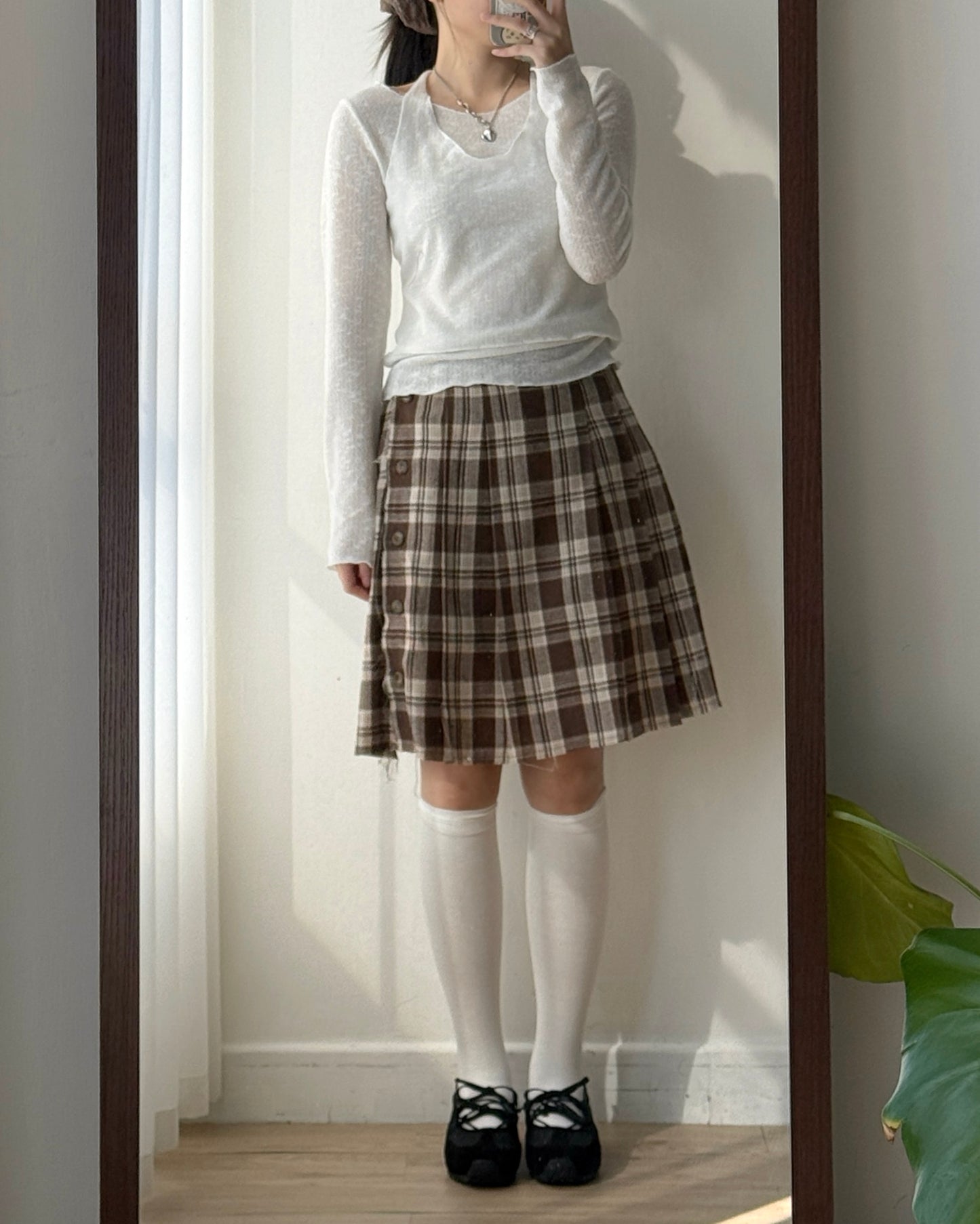 SK207 格子鈕扣2WAY裙子 - Brown | Black