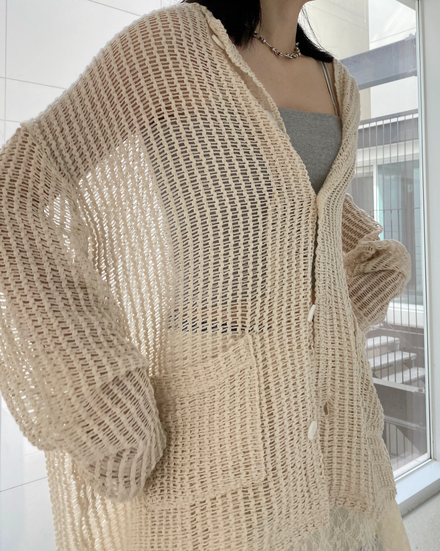 CD052 Meshed Cardigan - Ivory | Black