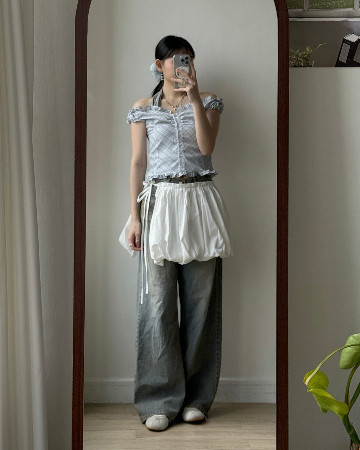 VT291 Checkered  Blouse - Skyblue | Charcoal