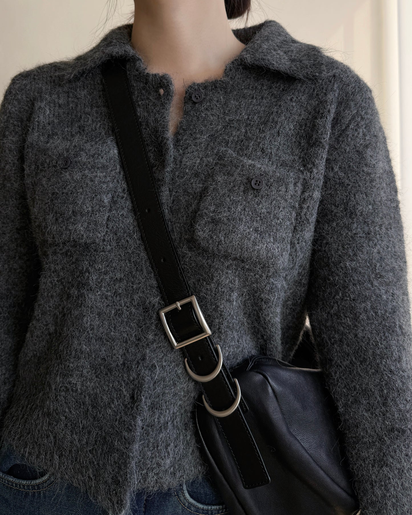 TP561 修身口袋針織上衣 - Ivory | Charcoal