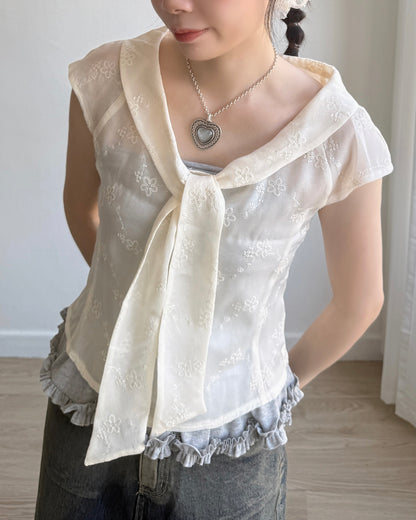 TP534 Floral Embroidered Blouse - Ivory | Black