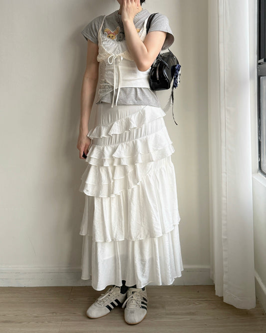 SK218 Ruffle Long Skirt - White | Black