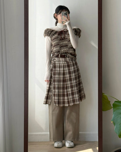 SK207 格子鈕扣2WAY裙子 - Brown | Black