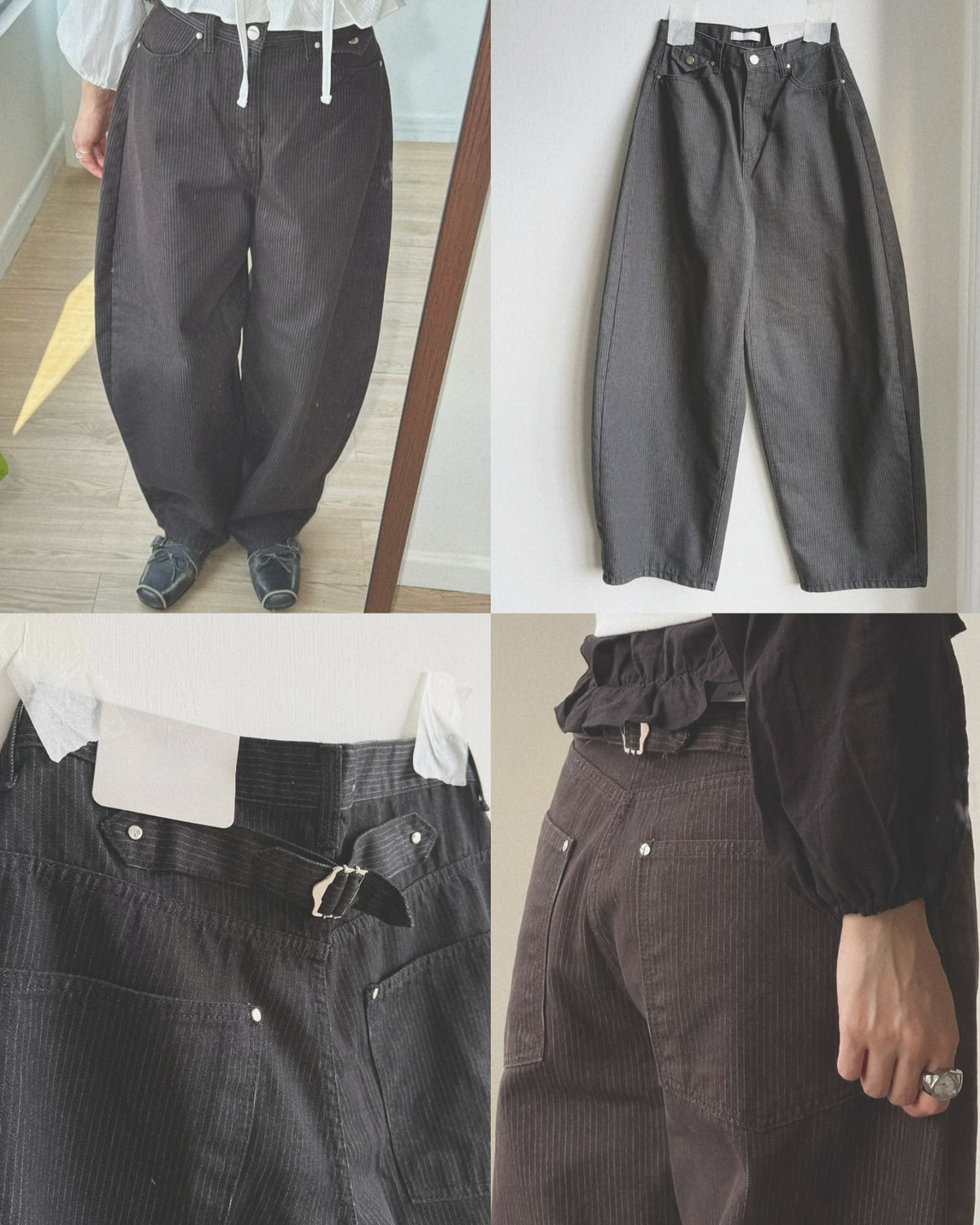 JN070 Balloon Buckle Stripe Pants - Navy | Brown | Gray