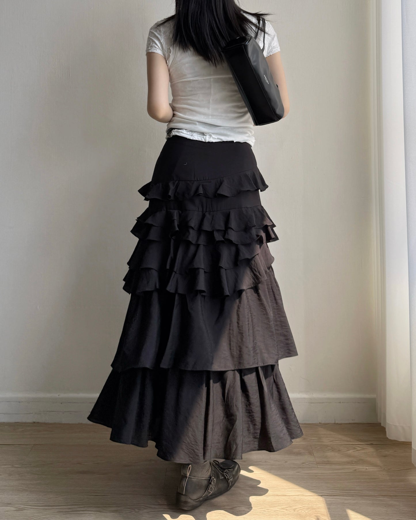 SK218 Ruffle Long Skirt - White | Black