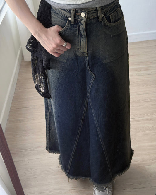 SK196 Dirty Crack Denim Skirt - Navy