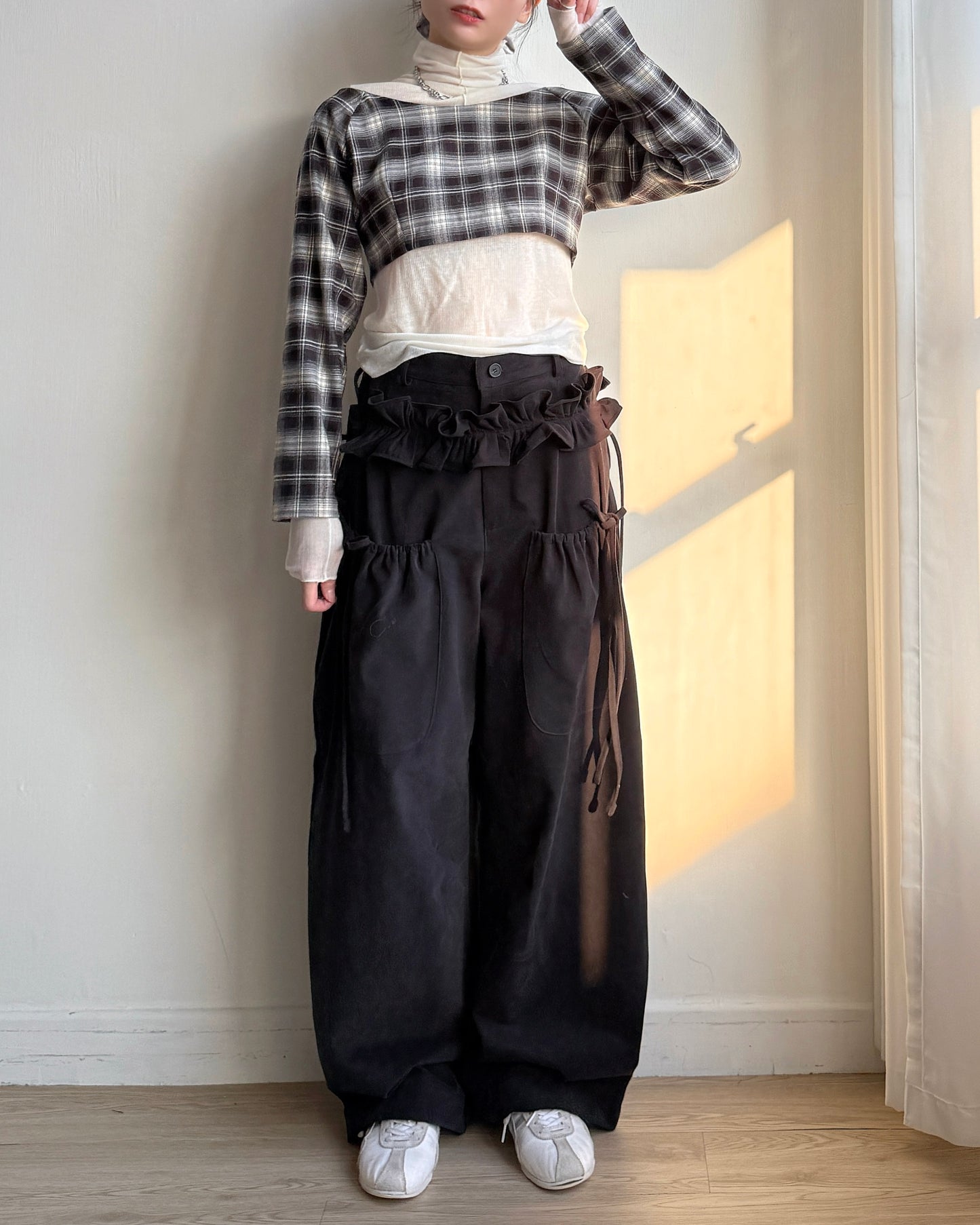 PT077 蝴蝶皺褶休閑褲(連腰帶) - Brown | Black