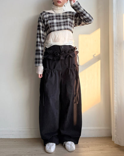 PT077 蝴蝶皺褶休閑褲(連腰帶) - Brown | Black