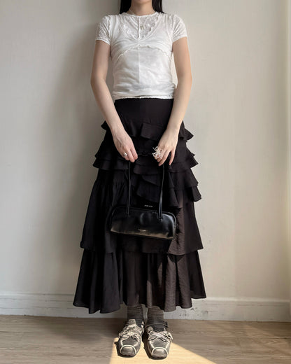 SK218 Ruffle Long Skirt - White | Black