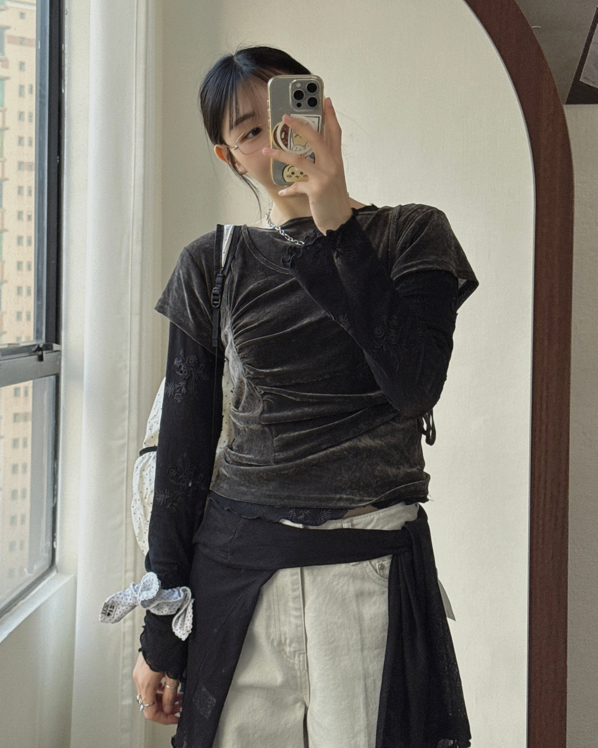 TP607 Velvet 2way TEE - Ivory | Brown | Charcoal
