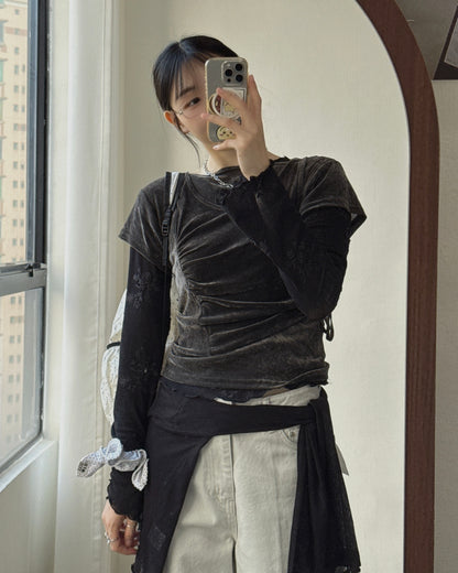 TP607 Velvet 2way TEE - Ivory | Brown | Charcoal