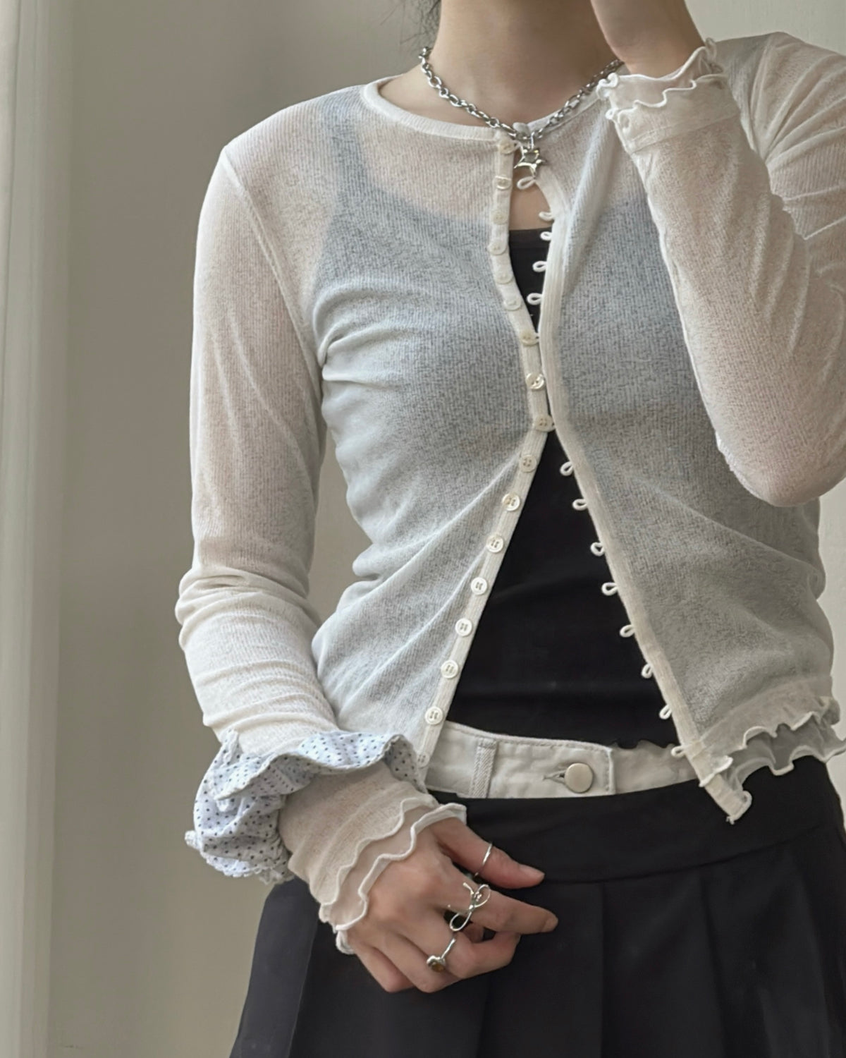 CD060 See-Through Cardigan - Pink | Whit | Black