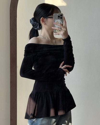 TP568 Off-shoulder Frill Flare Top - Gray | Black