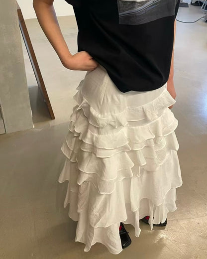 SK218 Ruffle Long Skirt - White | Black