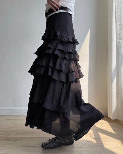 SK218 Ruffle Long Skirt - White | Black