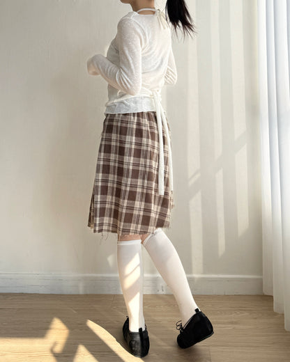 SK207 格子鈕扣2WAY裙子 - Brown | Black