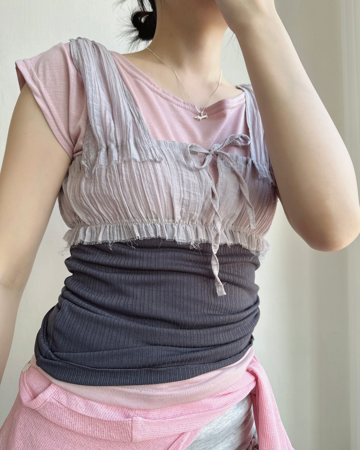TP606 Ruched Sleeve Top - Pink | White | Charcoal