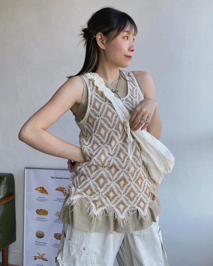 現貨 VT221 Diamond Knit Vest - Beige | Brown