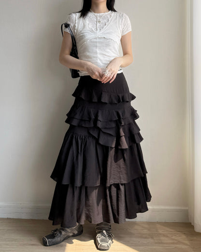 SK218 Ruffle Long Skirt - White | Black