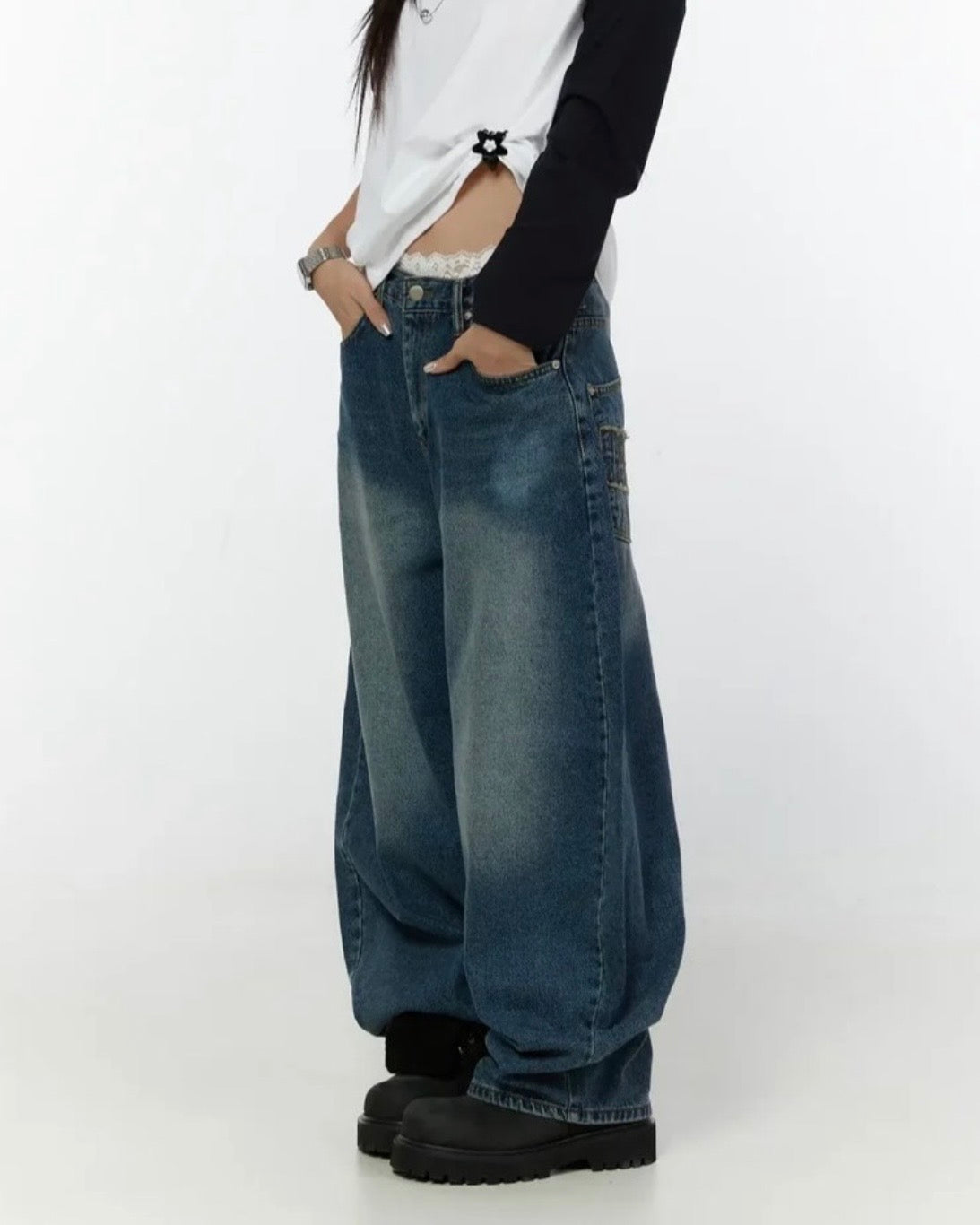 早鳥優惠🐰 JN069 Bunny Patchwork Banana Jeans