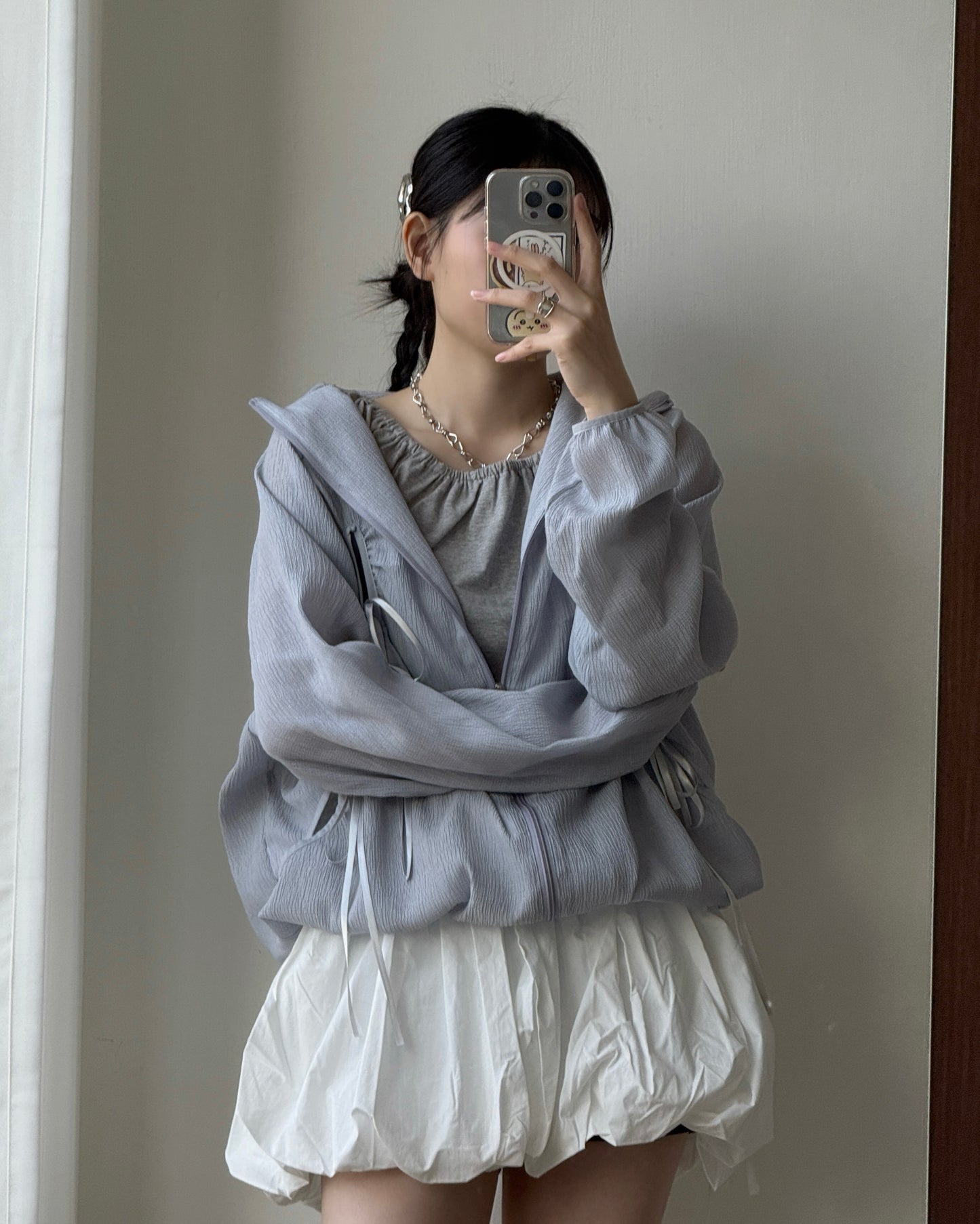JK046 Ribbon Jacket - White | Skyblue