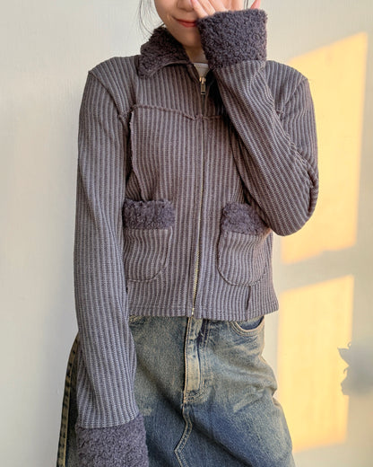 TP565 Fur Zip-up Top - Ivory | Charcoal