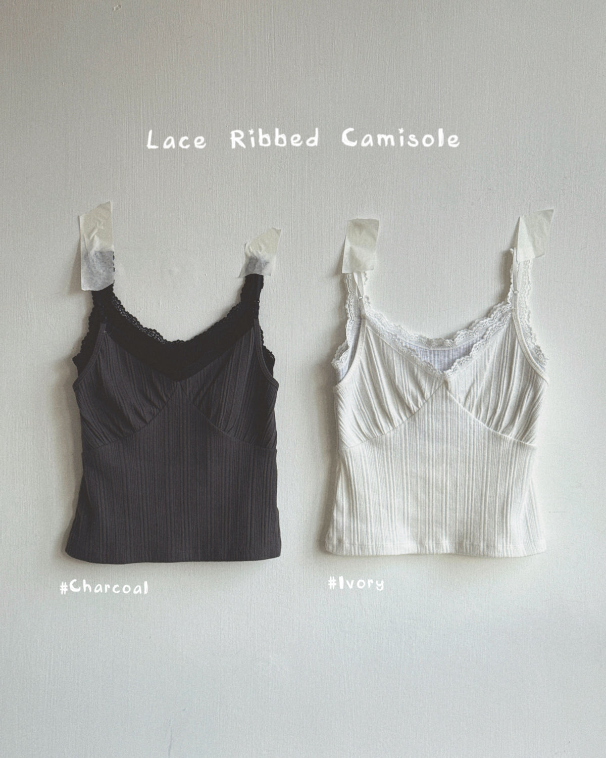 VT337 Lace Ribbed Camisole - Ivory | Charcoal