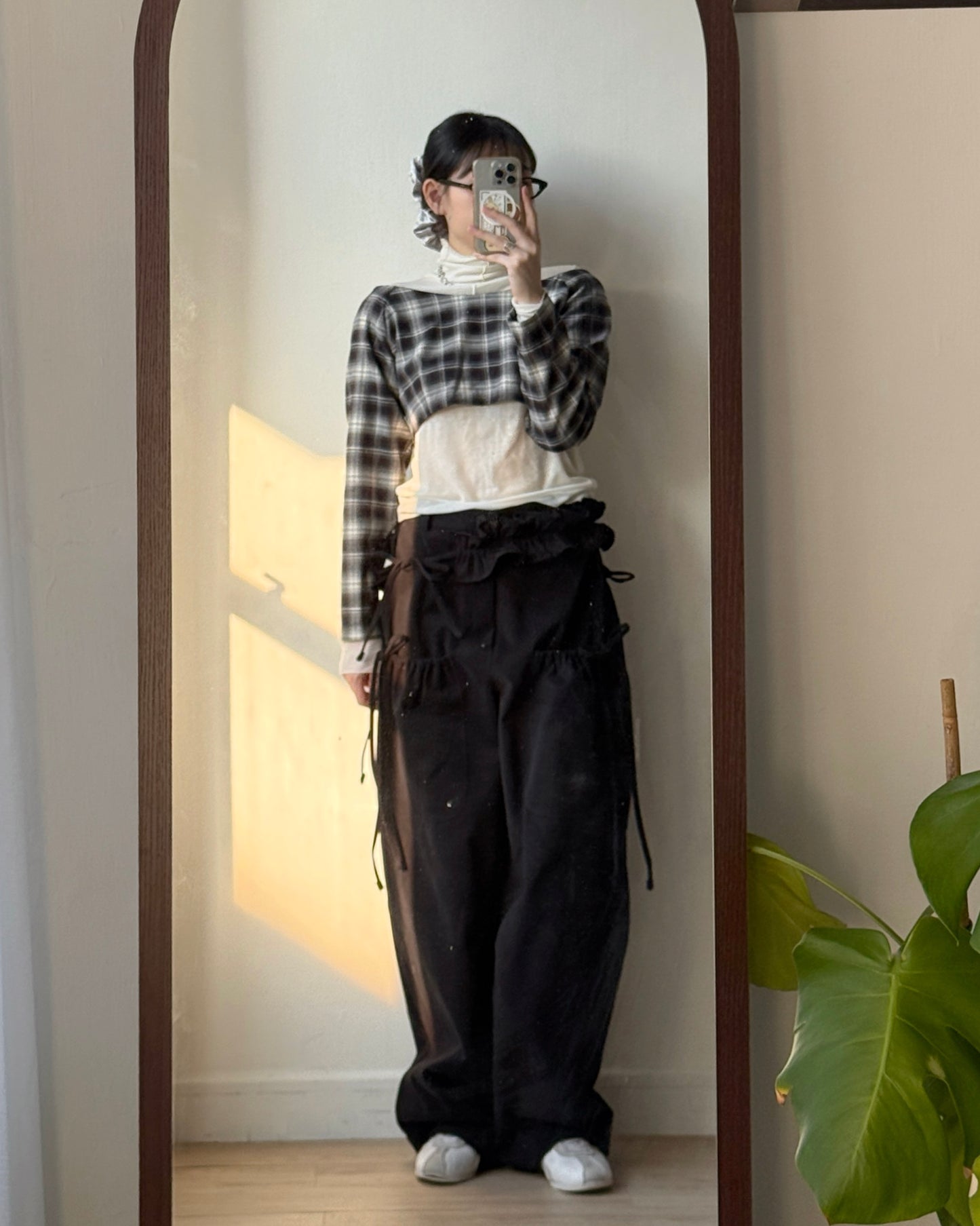 PT077 蝴蝶皺褶休閑褲(連腰帶) - Brown | Black