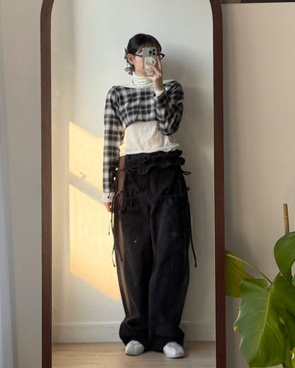 PT077 蝴蝶皺褶休閑褲(連腰帶) - Brown | Black