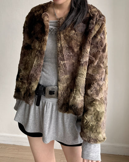 JK044 Mixed Fur Jacket - Khaki | Gray
