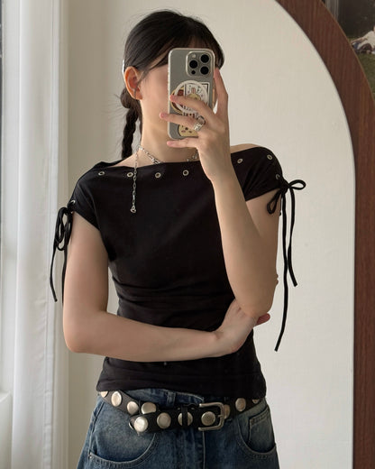 TP591 Eyelet Boat Neck Top - White | Gray | Black