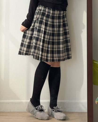 SK207 格子鈕扣2WAY裙子 - Brown | Black