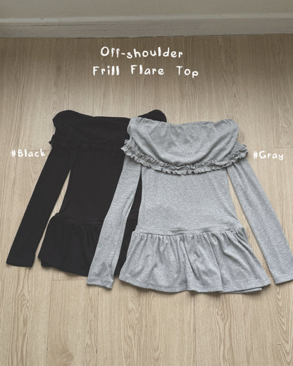 TP568 Off-shoulder Frill Flare Top - Gray | Black