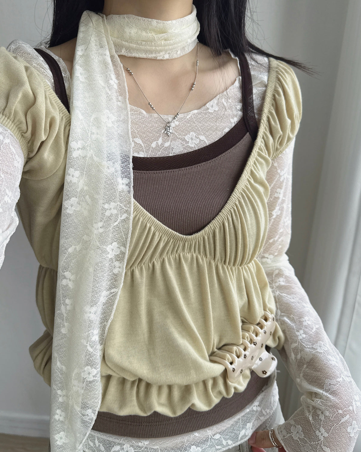 TP610 Floral Scarf Top - White | Brown