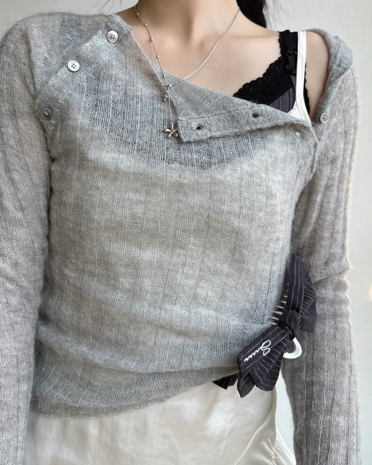 TP624 Fuzzy Rib Button Knit - Gray | Ivory | Black