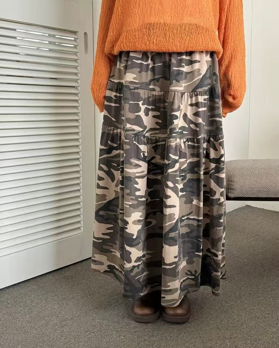 SK199 Camo Long Skirt - Beige | Khaki