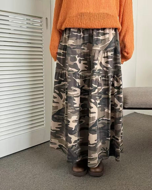 SK199 Camo Long Skirt - Beige | Khaki