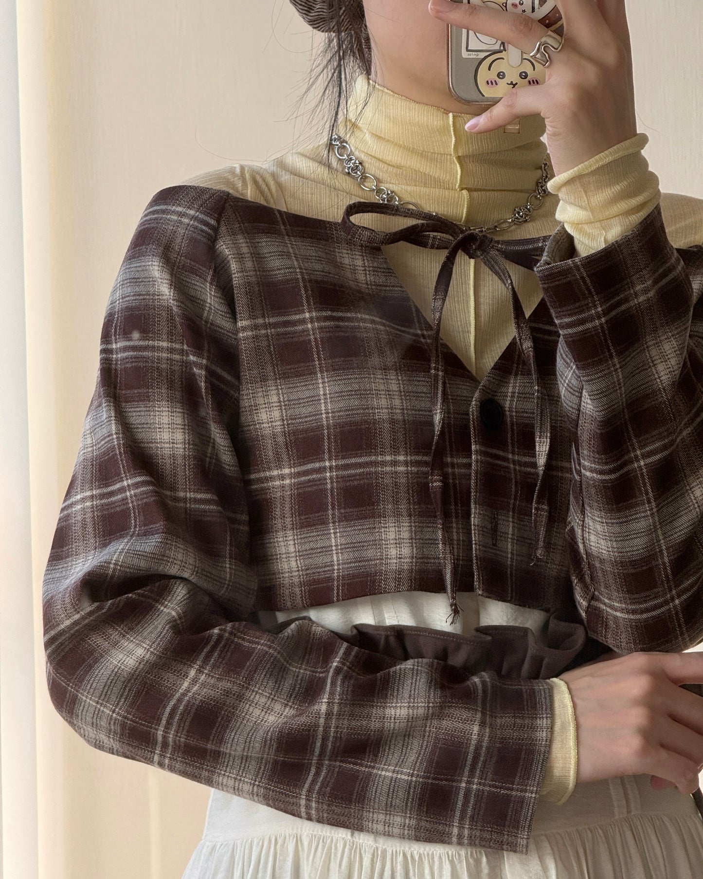 TP563 格仔一字肩短上衣 - Brown | Black