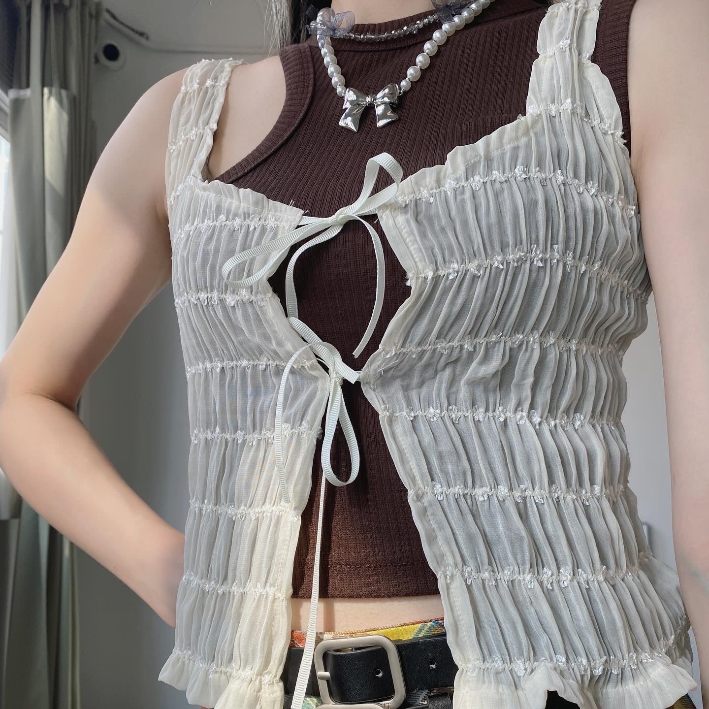 現貨 VT166 Smocked Ribbon Vest - Pink | Ivory