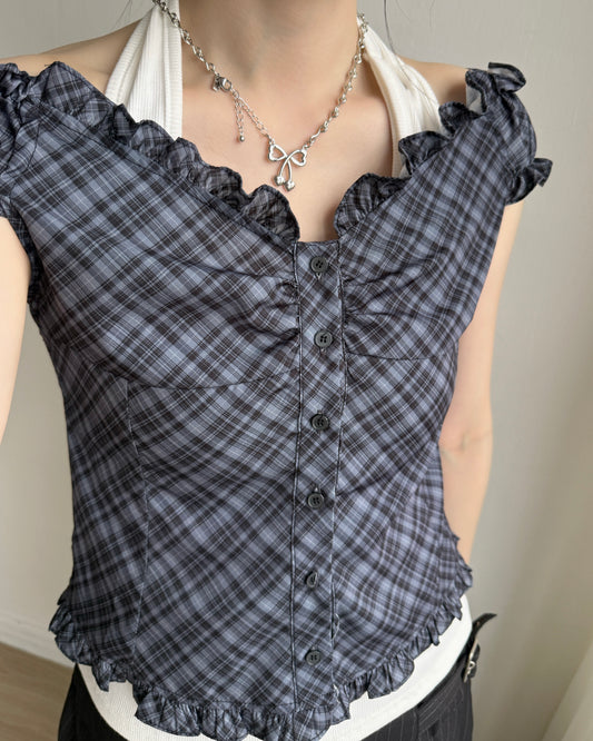 VT291 Checkered  Blouse - Skyblue | Charcoal