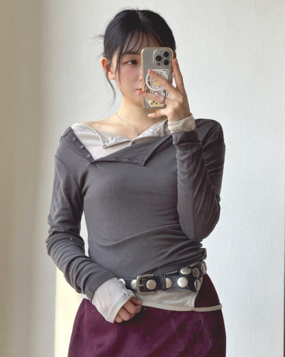 TP622 Ribbed Button Asym Top - Black | Gray | Plum | Charcoal | Mint | Ivory