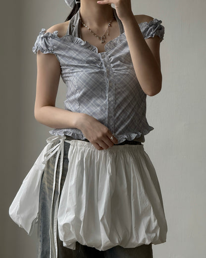VT291 Checkered  Blouse - Skyblue | Charcoal