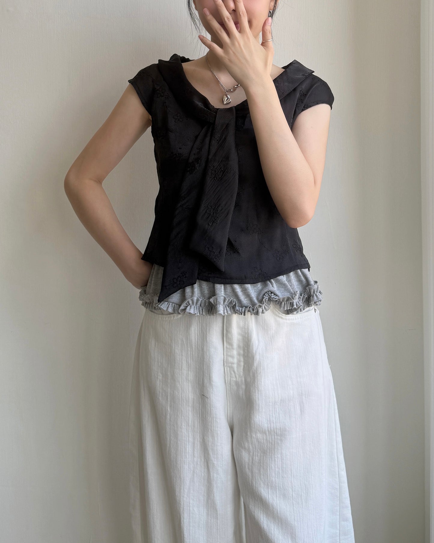 TP534 Floral Embroidered Blouse - Ivory | Black